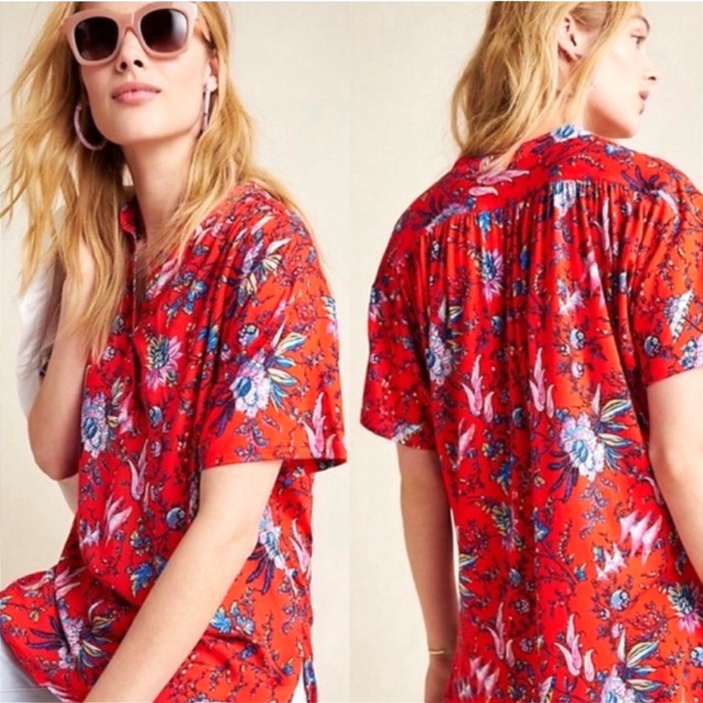 Anthropologie Maeve Womens Floral Blouse S Red Windham Henley Boho Summer